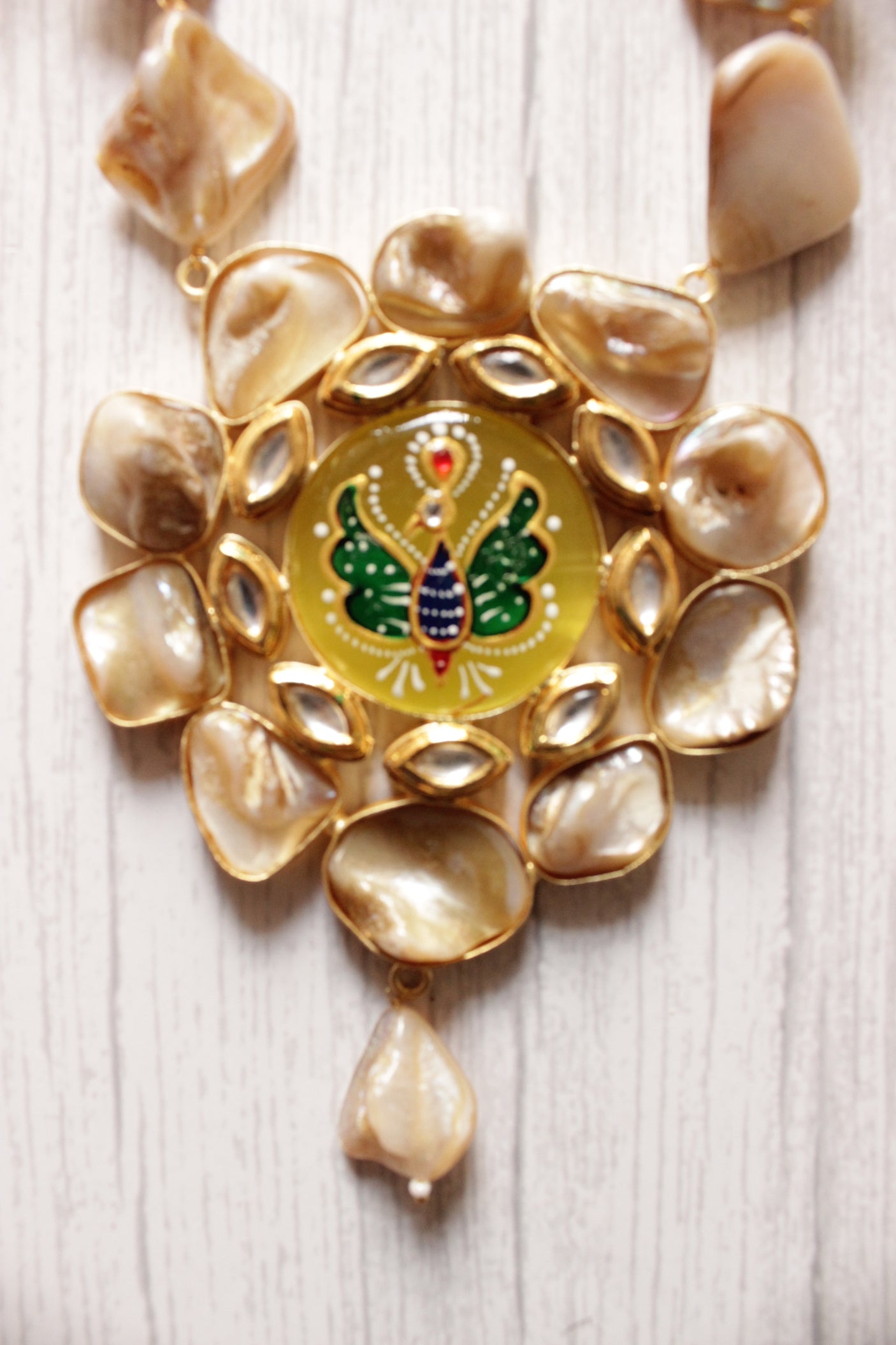 Baroque Pearl Natural Gemstones Embedded Statement Meenakari Work and Kundan Stones Pendant Elaborate Ethnic Necklace Set