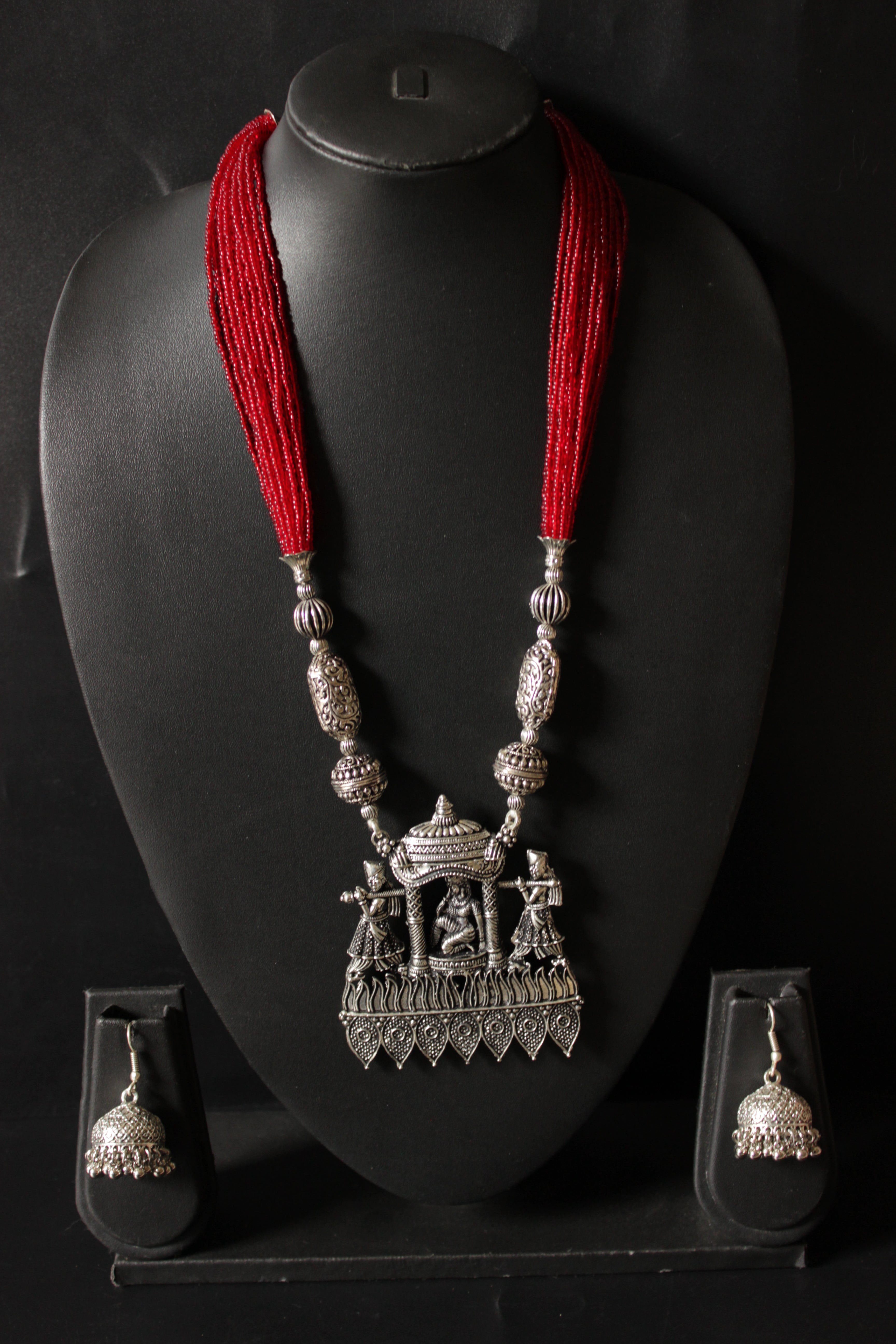 Multi Layer Red Beads Bride Palki Illustrated  Metal Pendant Necklace Set