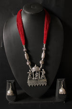Load image into Gallery viewer, Multi Layer Red Beads Bride Palki Illustrated  Metal Pendant Necklace Set
