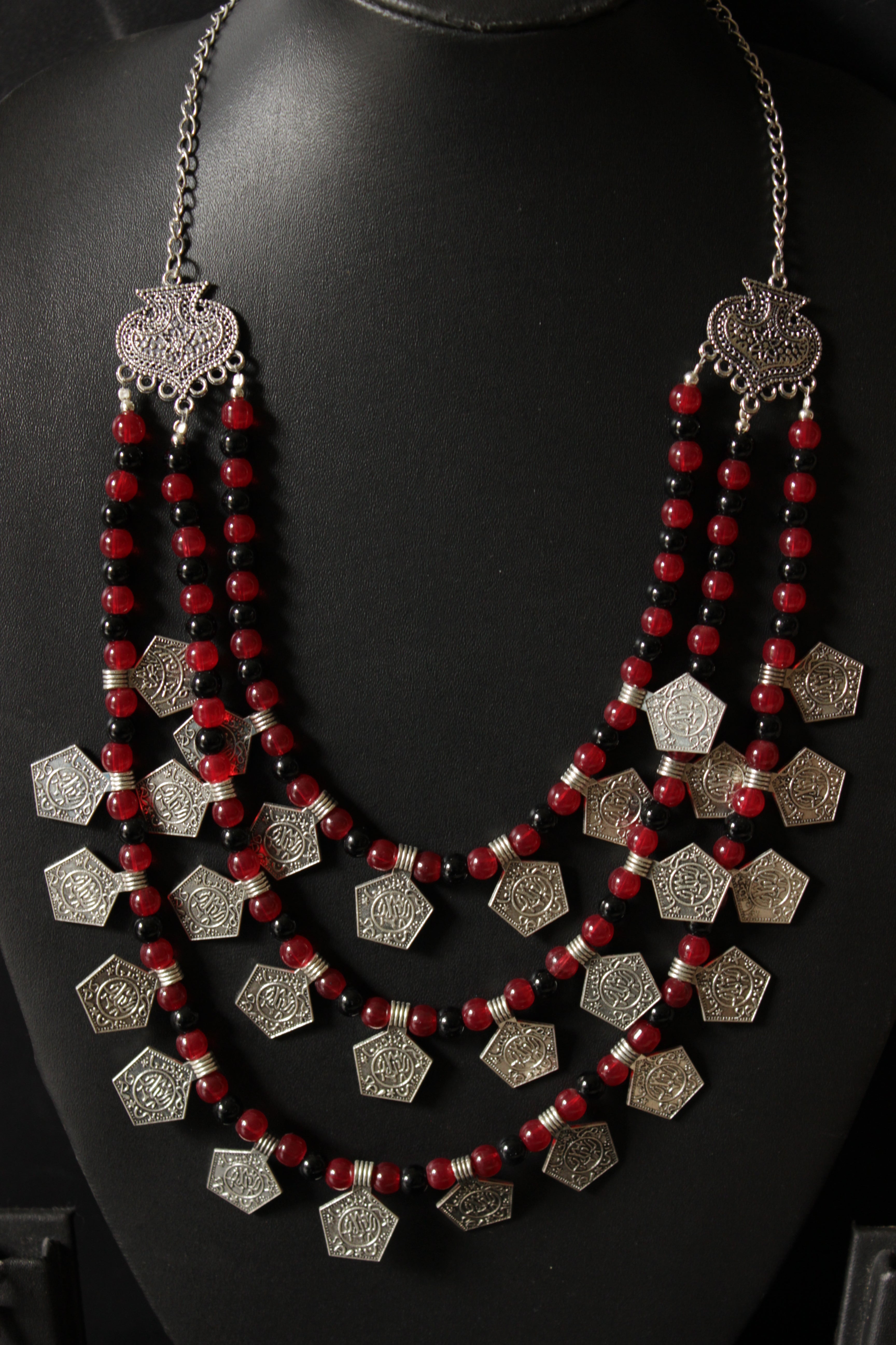Afghani Glass Beads Stamped Coins Necklace Set with Black & Red Glass Beads