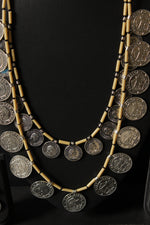 Load image into Gallery viewer, 2 Layer Vintage Stamped Coins Necklace Set with Adjustable Thread Closure
