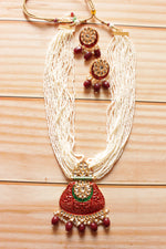 Load image into Gallery viewer, Multiple Pearl Beaded Strands Meenakari Work Kundan Stones Embedded Red Ethnic Necklace Set
