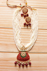 Multiple Pearl Beaded Strands Meenakari Work Kundan Stones Embedded Red Ethnic Necklace Set