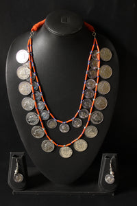 2 Layer Vintage Stamped Coins Necklace Set with Glass Beads