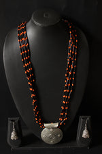 Load image into Gallery viewer, Black and Orange Glass Beaded Warrior Pendant Necklace Set
