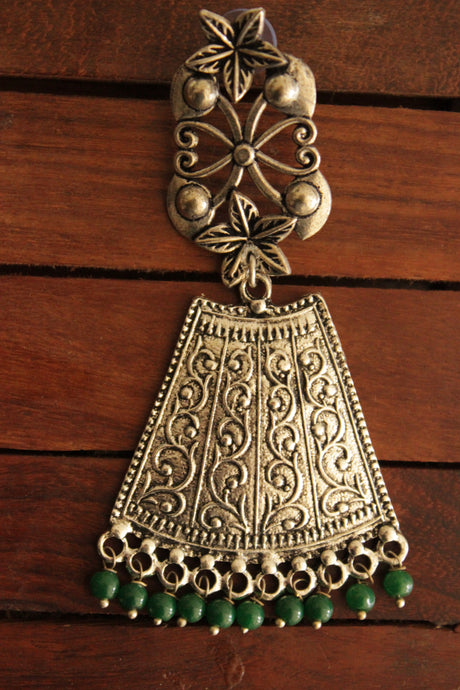 Green Beads Embellished Intricately Detailed Oxidised Finish Brass Earrings