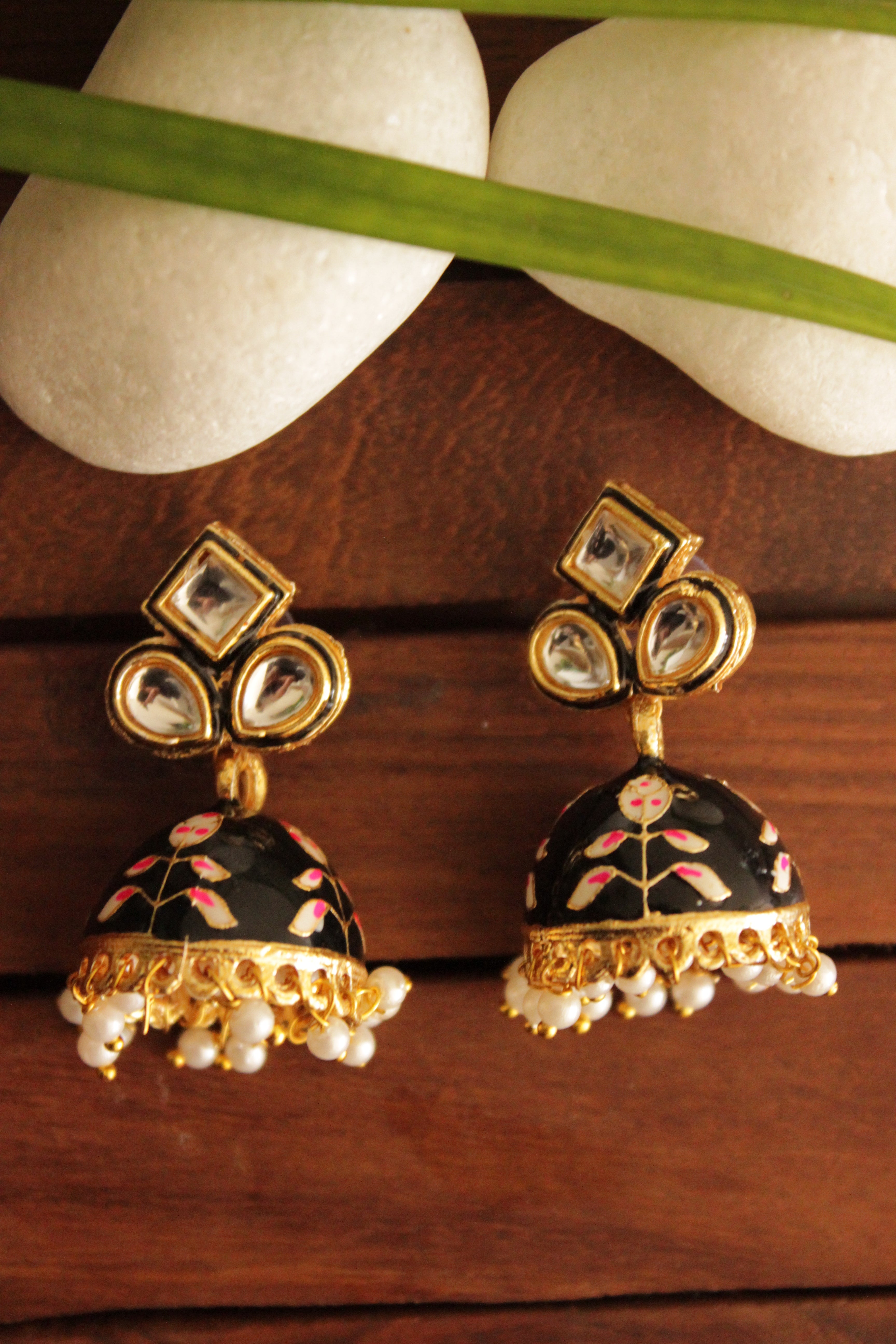 meenakari earrings with green ruby with black torn
