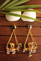 Camel Motif Gold Finish Brass Dangler Earrings Accentuated with Purple Grey Beads