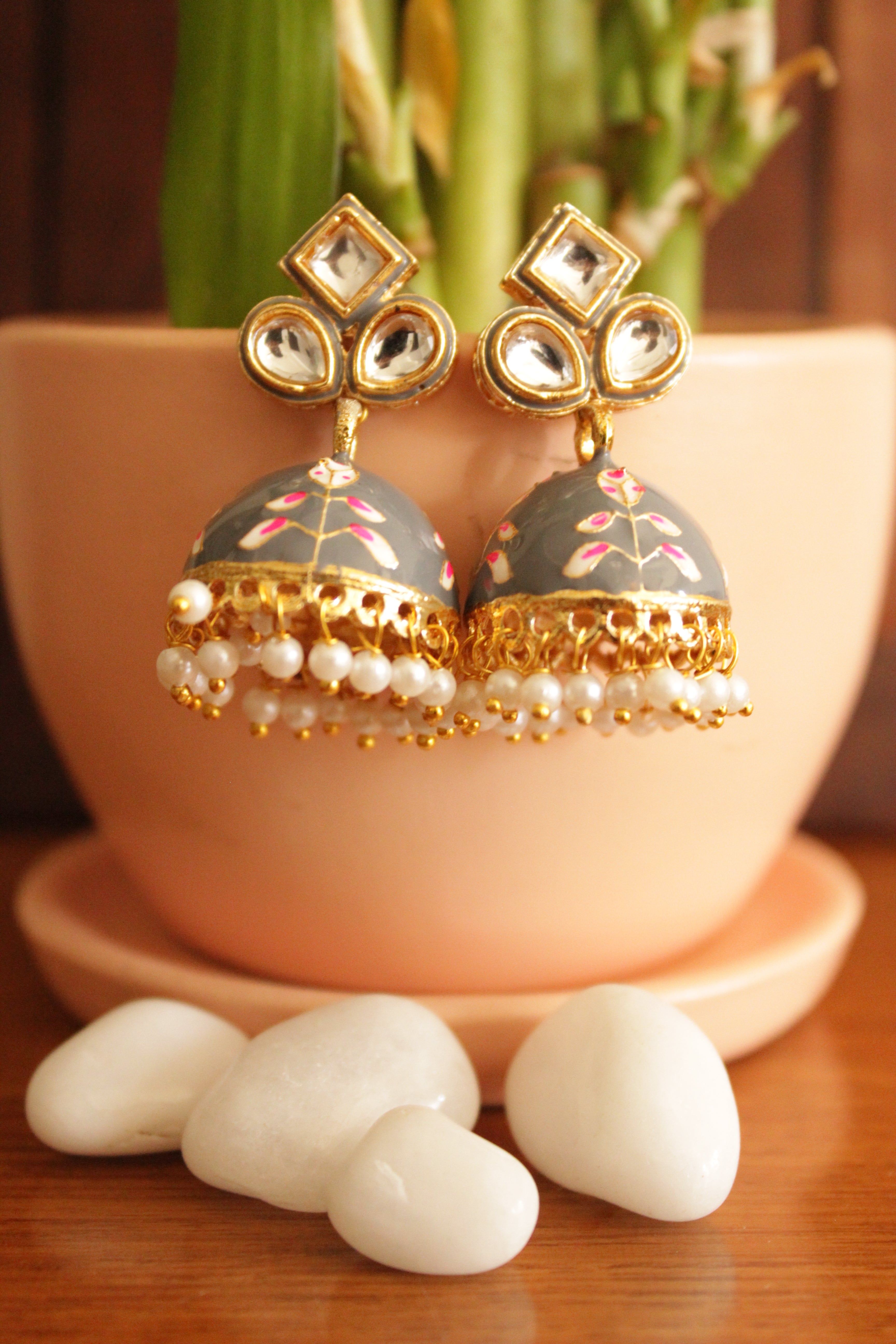 Kundan Stones Embedded Gold Toned Hand Painted Dark Grey Meenakari Jhumka Earrrings