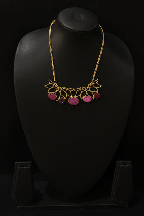 Pink Titanium Druzy Natural Gemstone Embedded Gold Plated Necklace