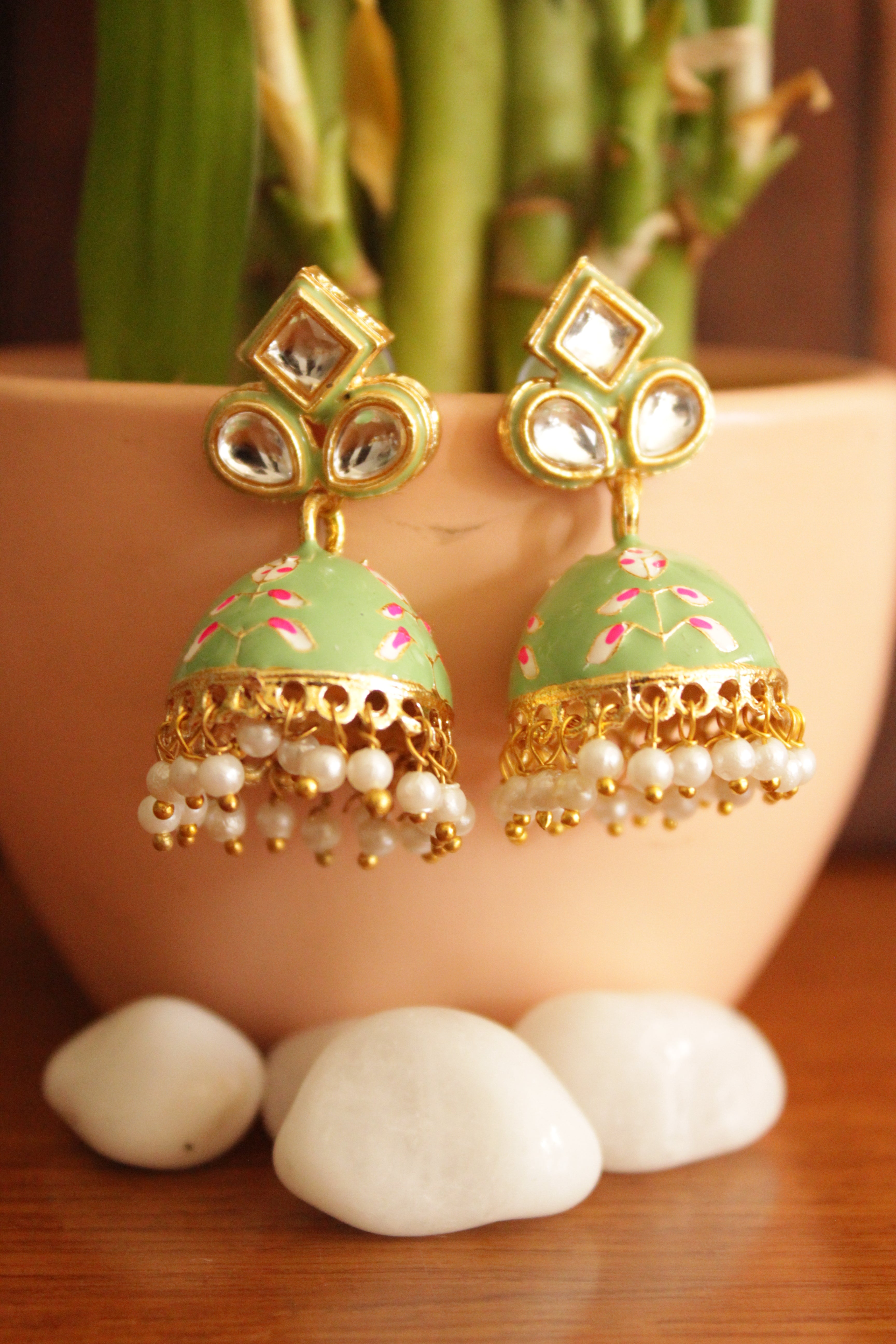 Kundan Stones Embedded Gold Toned Hand Painted Green Meenakari Jhumka Earrrings