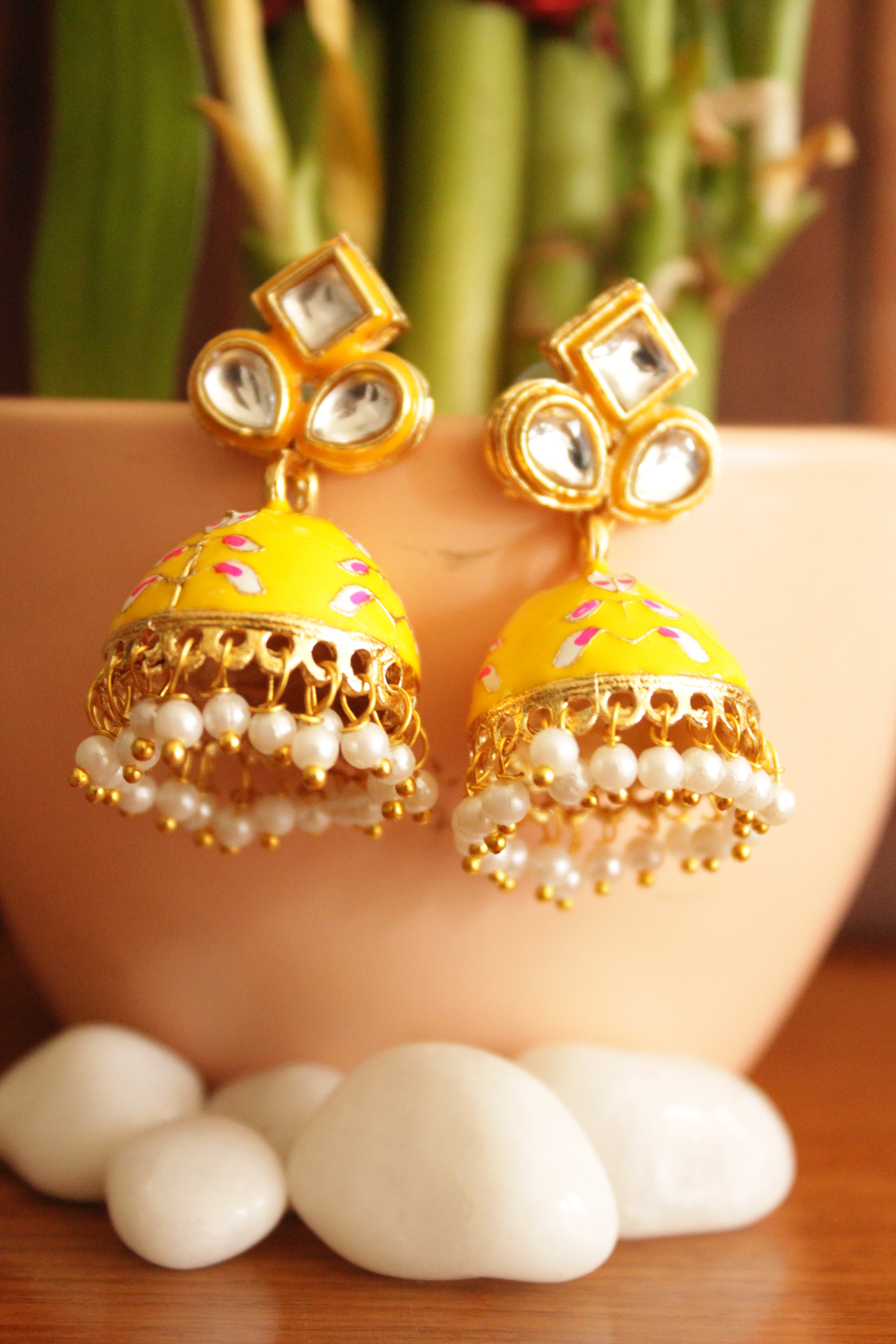 Kundan Stones Embedded Gold Toned Hand Painted Yellow Meenakari Jhumka Earrrings
