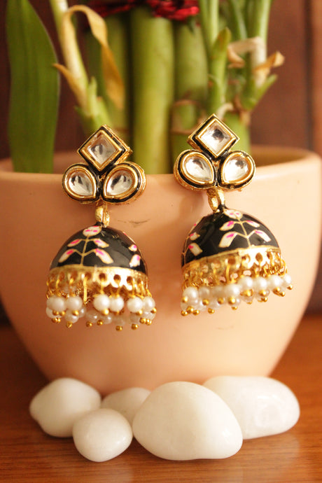 Kundan Stones Embedded Gold Toned Hand Painted Black Meenakari Jhumka Earrrings