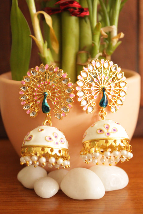 Elaborate Peacock Gold Toned Hand Painted Kundan Stones Embedded White Meenakari Jhumka Earrrings
