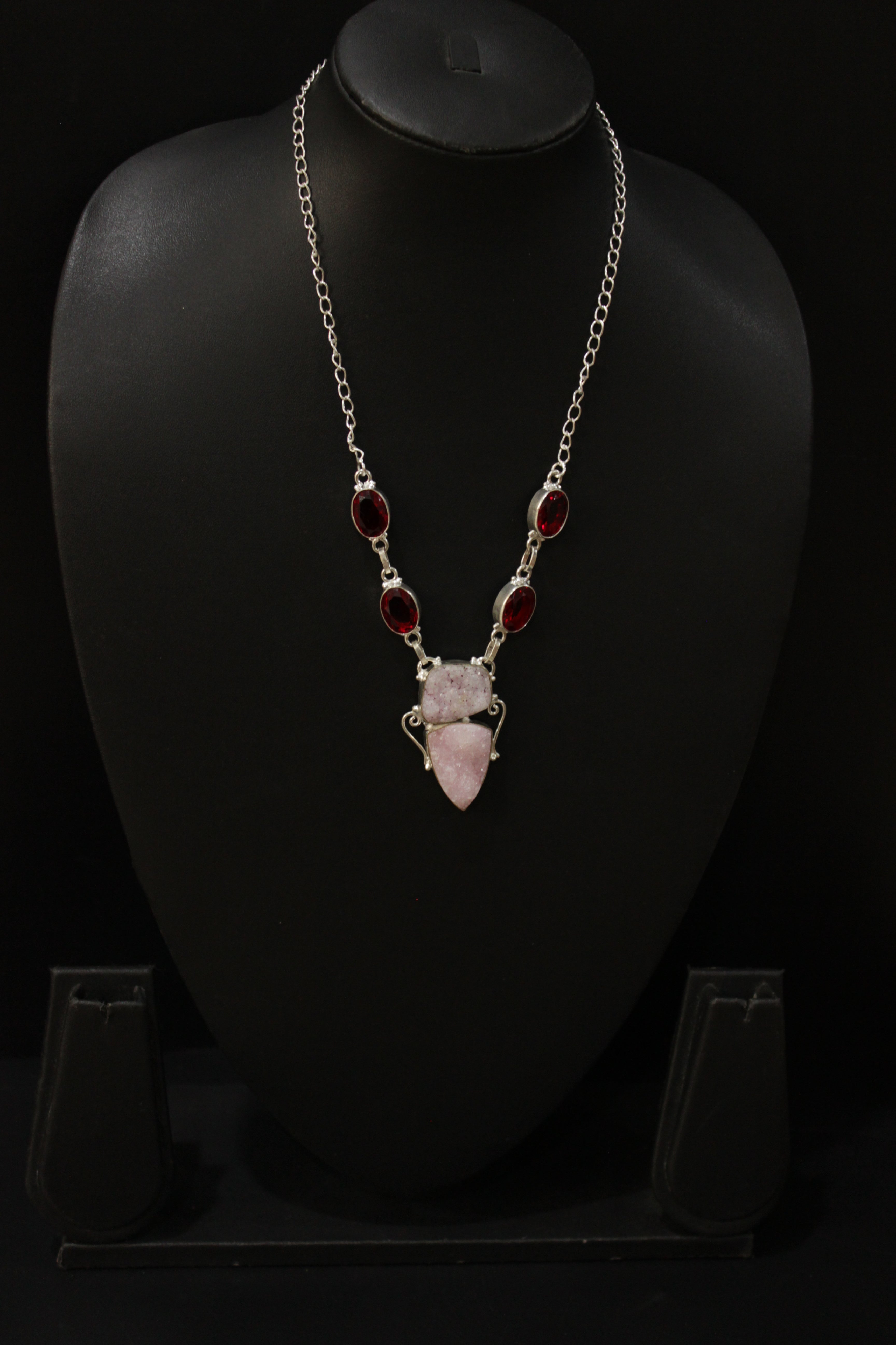 Crystal Druzy and Garnet Druzy Natural Gemstone Embedded Silver Plated Necklace