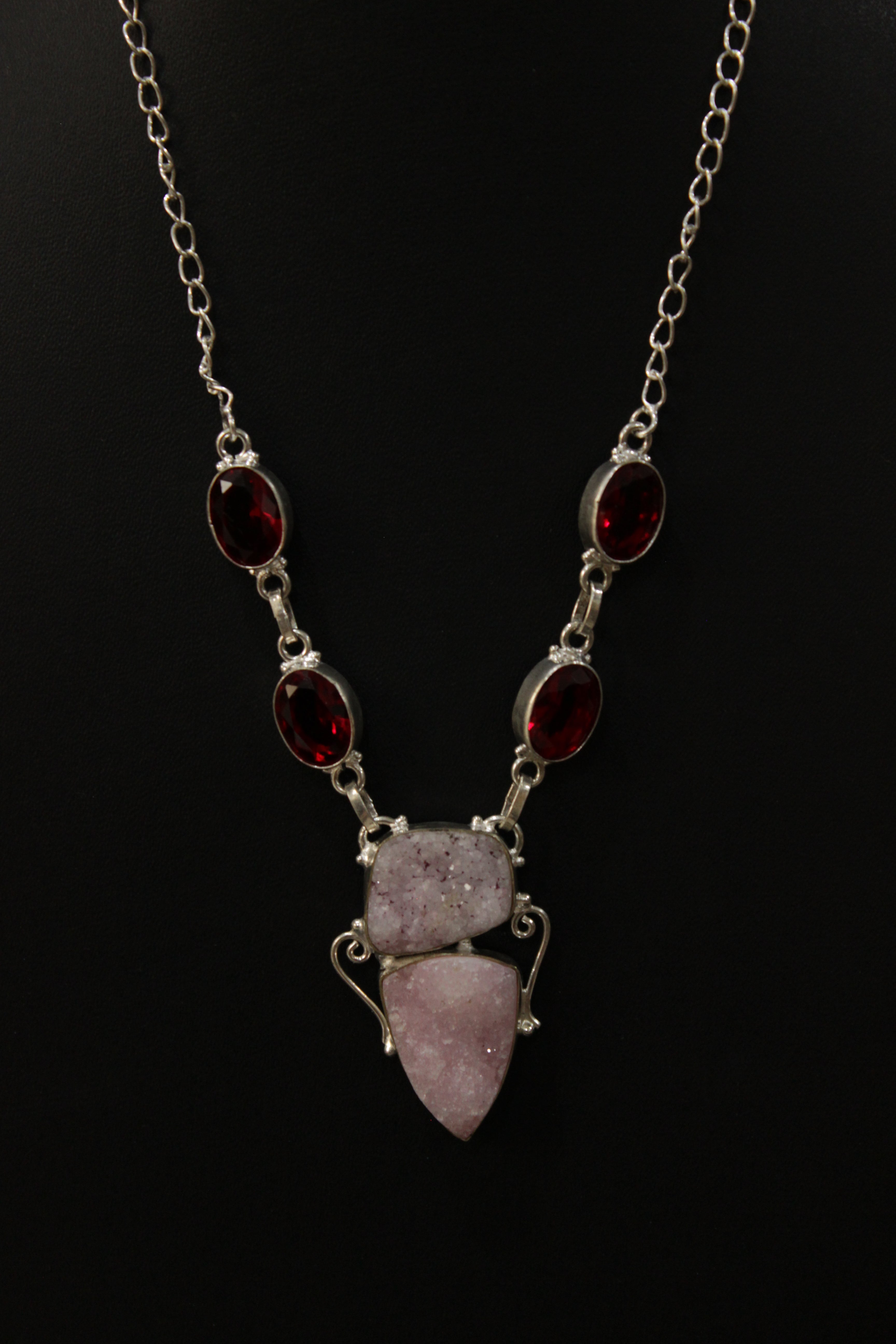 Crystal Druzy and Garnet Druzy Natural Gemstone Embedded Silver Plated Necklace