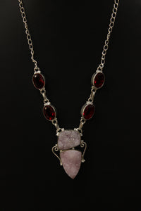 Crystal Druzy and Garnet Druzy Natural Gemstone Embedded Silver Plated Necklace