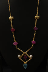 Elephant Charm Pink Druzy Gemstone Gold Plated Necklace