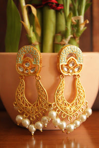 Delicate Kundan Stones Embedded Turquoise Hand Painted Meenakari Work Gold Toned Brass Earrings