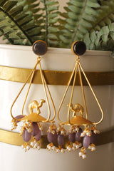 Camel Motif Gold Finish Brass Dangler Earrings Accentuated with Purple Grey Beads