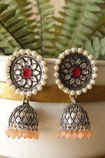 Load image into Gallery viewer, Kundan Stones Embedded Flower Shape Premium Oxidised Finish Jhumka Earrings
