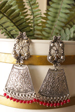 Load image into Gallery viewer, Red Beads Embellished Intricately Detailed Oxidised Finish Brass Earrings
