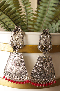 Red Beads Embellished Intricately Detailed Oxidised Finish Brass Earrings