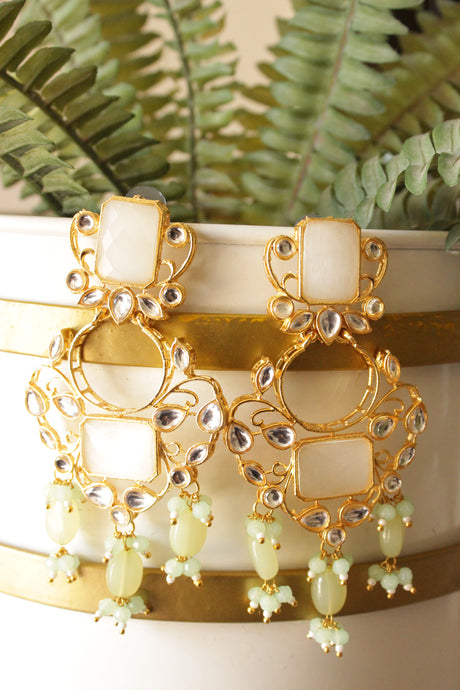 Ivory Raw Natural Gemstones and Kundan Embellished Gold Finish Mint Green Festive Earrings