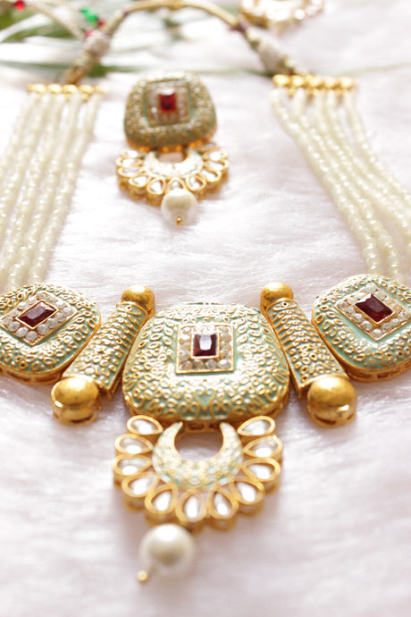 Elaborate Meenakari and Kundan Work Mint Green Hand Painted Necklace Set