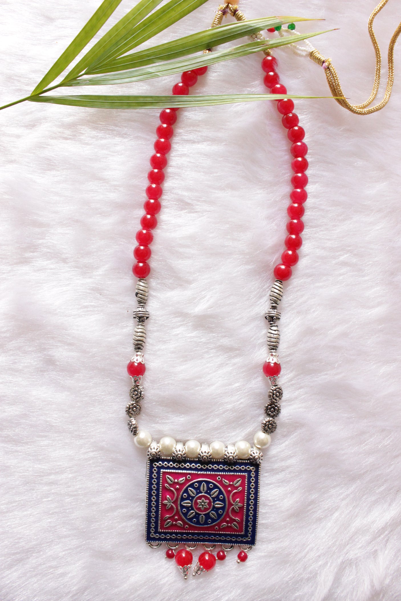 Pink and Violet Meenakari Work Pendant Red Glass Beads Closure Necklace