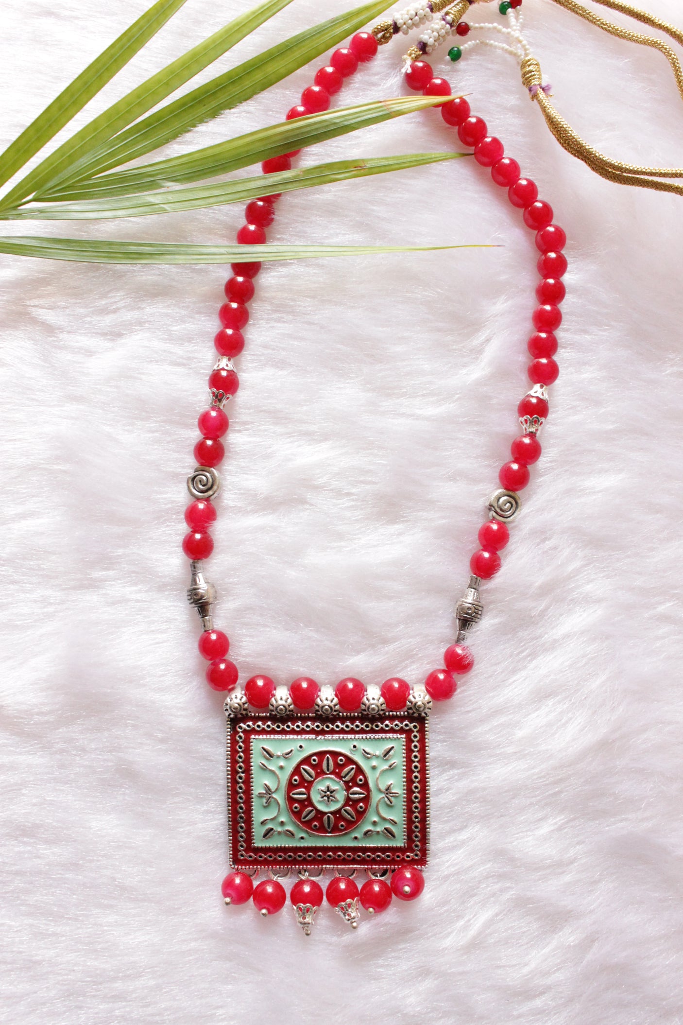 Turquoise and Red Meenakari Work Pendant Red Glass Beads Closure Necklace