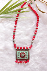 Turquoise and Red Meenakari Work Pendant Red Glass Beads Closure Necklace