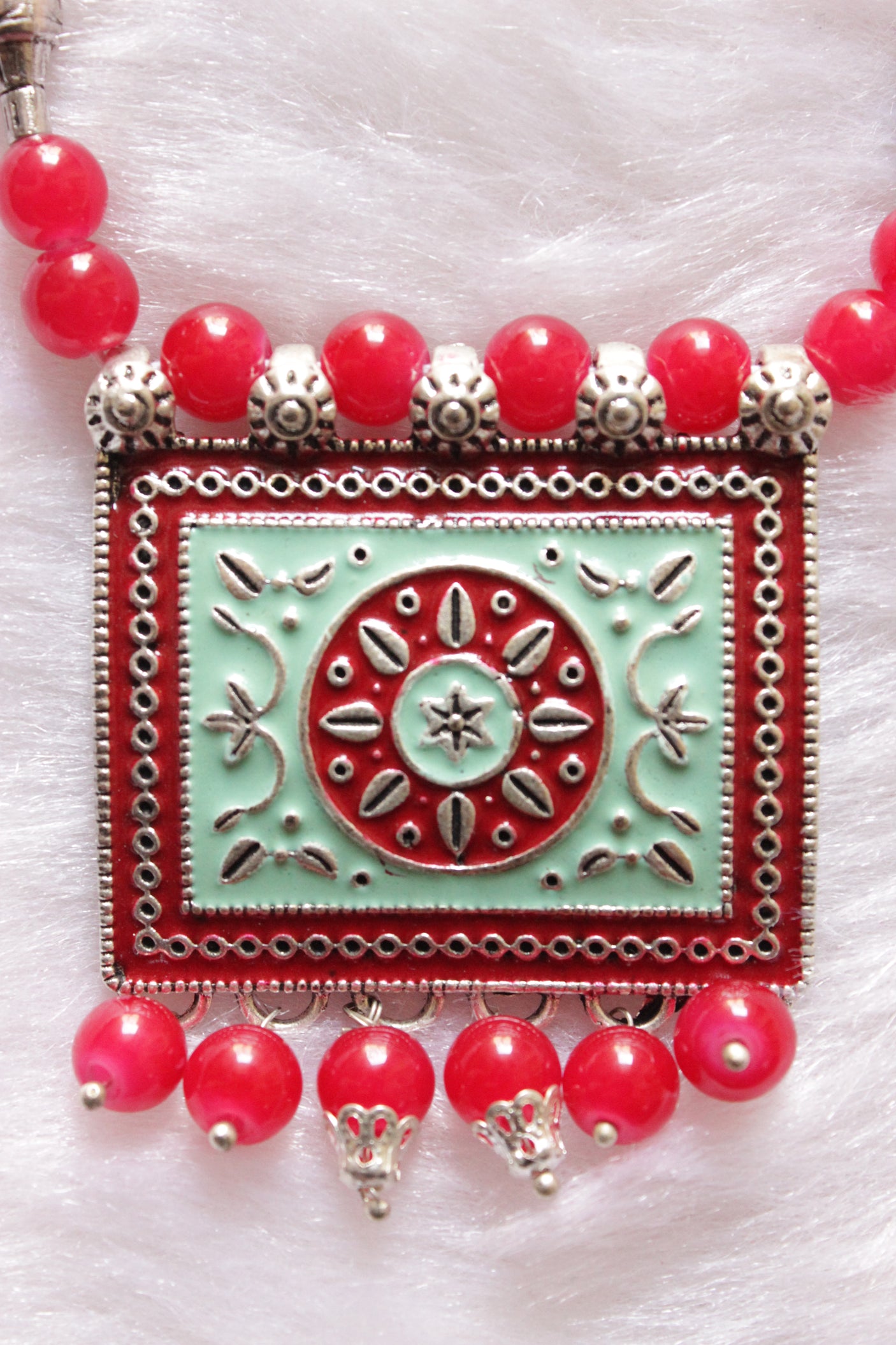 Turquoise and Red Meenakari Work Pendant Red Glass Beads Closure Necklace