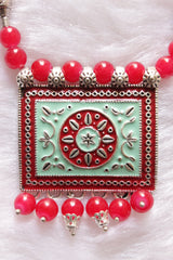 Turquoise and Red Meenakari Work Pendant Red Glass Beads Closure Necklace