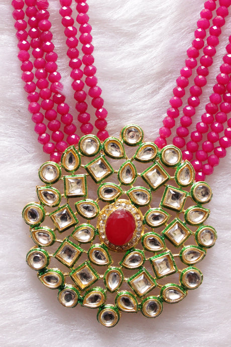 Pink Natural Glass Beads Stringed Kundan Long Necklace Set