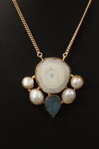 Gorgeous Solar Quartz Baroque Pearl Gemstone Embedded Gold Plated Necklace