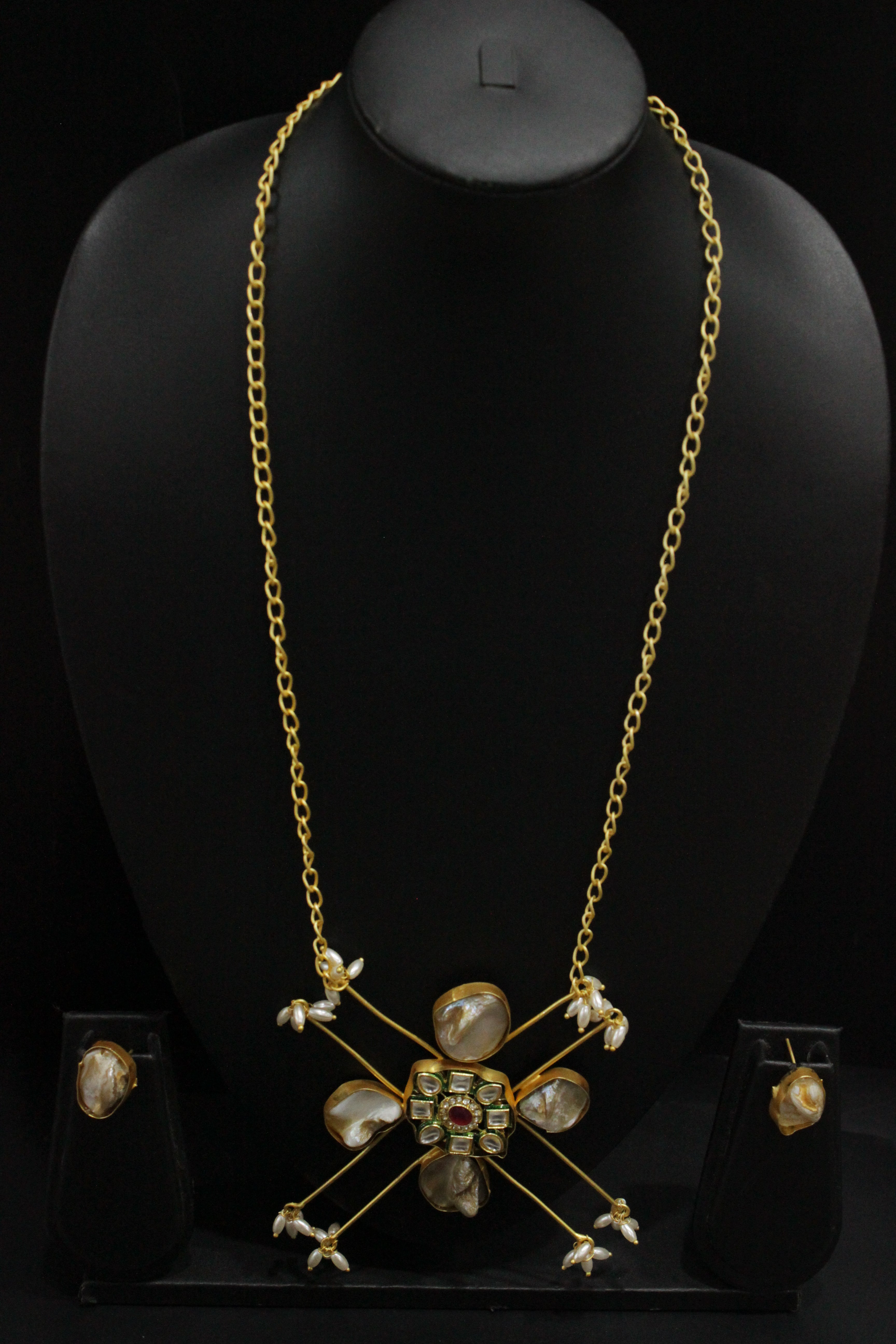 Baroque Pearls Natural Gemstones & Kundan Stones Embedded Gold Toned Versatile Brass Necklace Set