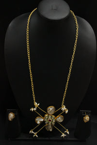 Baroque Pearls Natural Gemstones & Kundan Stones Embedded Gold Toned Versatile Brass Necklace Set