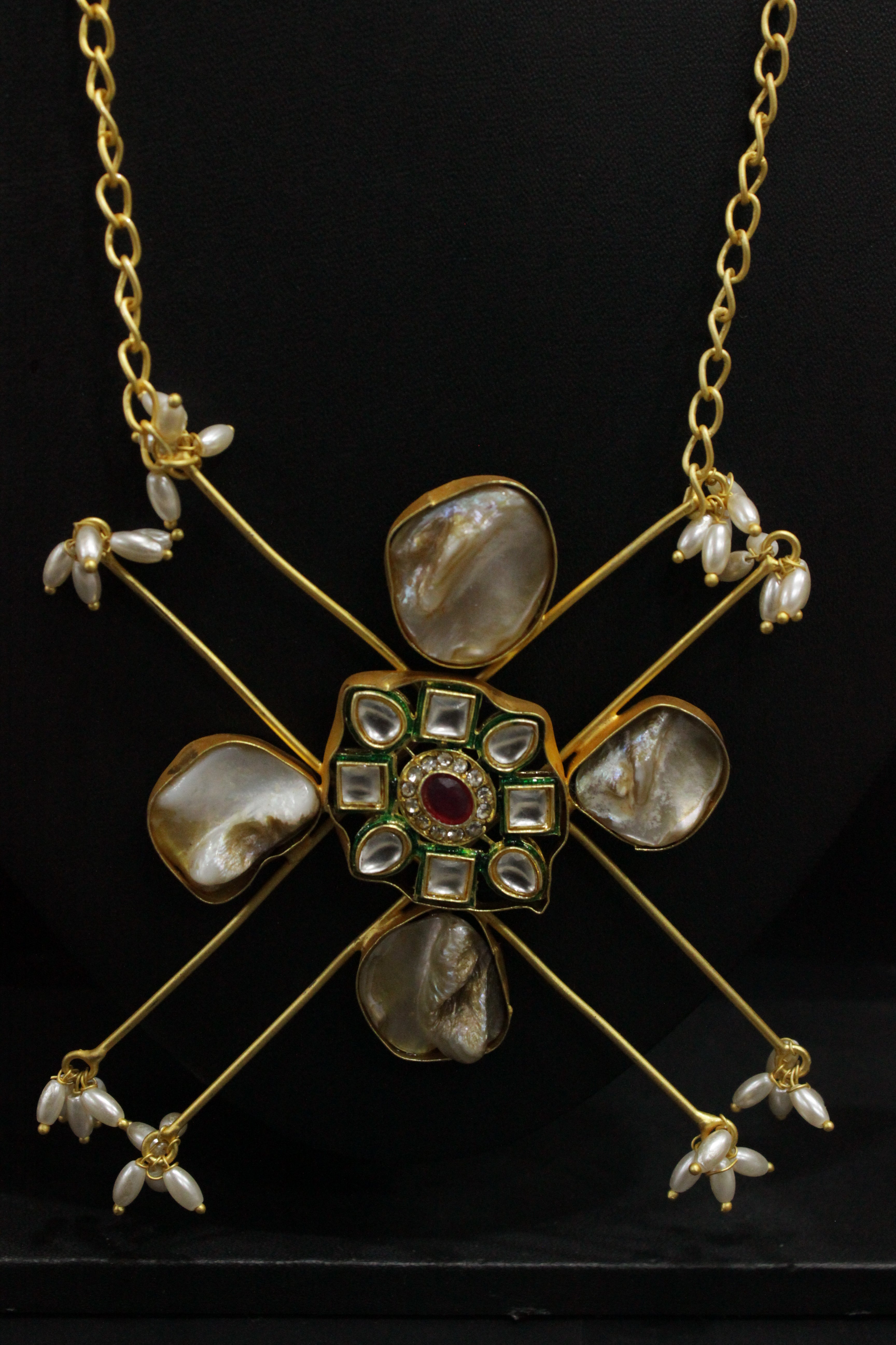Baroque Pearls Natural Gemstones & Kundan Stones Embedded Gold Toned Versatile Brass Necklace Set