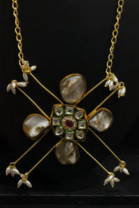 Baroque Pearls Natural Gemstones & Kundan Stones Embedded Gold Toned Versatile Brass Necklace Set