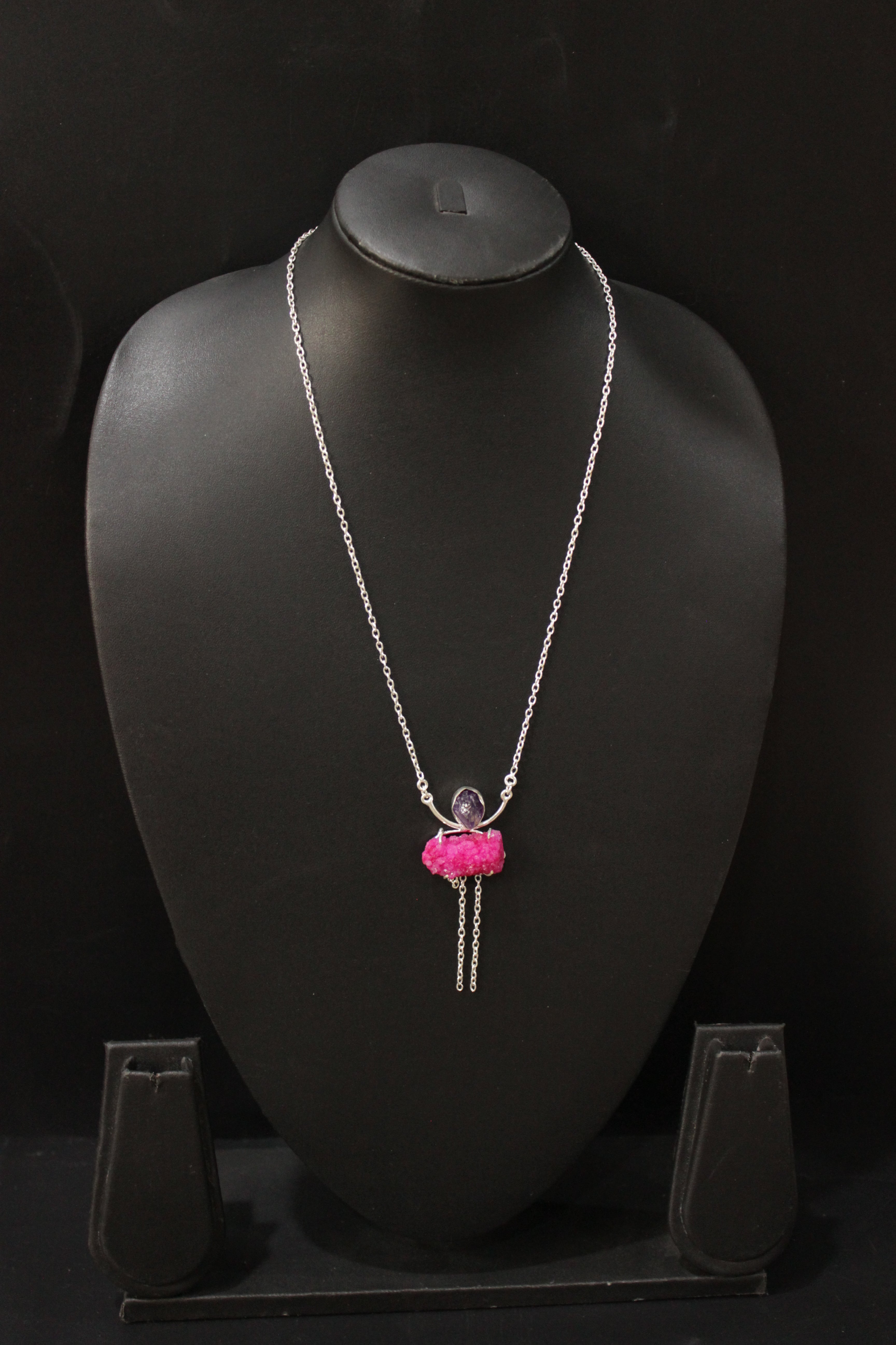 Pink Crystal Druzy Amethyst Rough Natural Gemstone Embedded Silver Plated Necklace