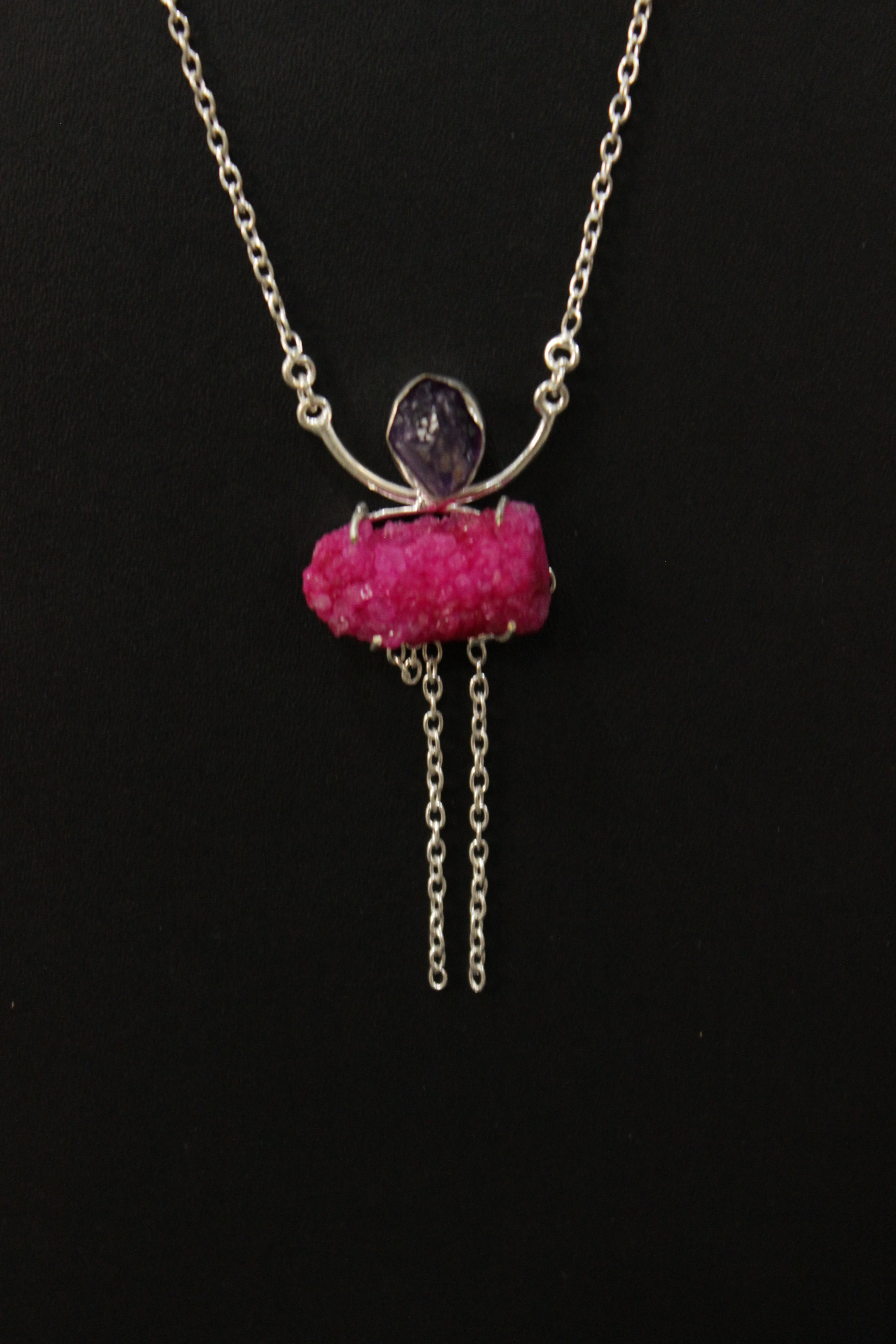 Pink Crystal Druzy Amethyst Rough Natural Gemstone Embedded Silver Plated Necklace