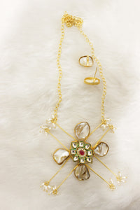 Baroque Pearls Natural Gemstones & Kundan Stones Embedded Gold Toned Versatile Brass Necklace Set