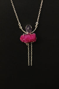 Pink Crystal Druzy Amethyst Rough Natural Gemstone Embedded Silver Plated Necklace