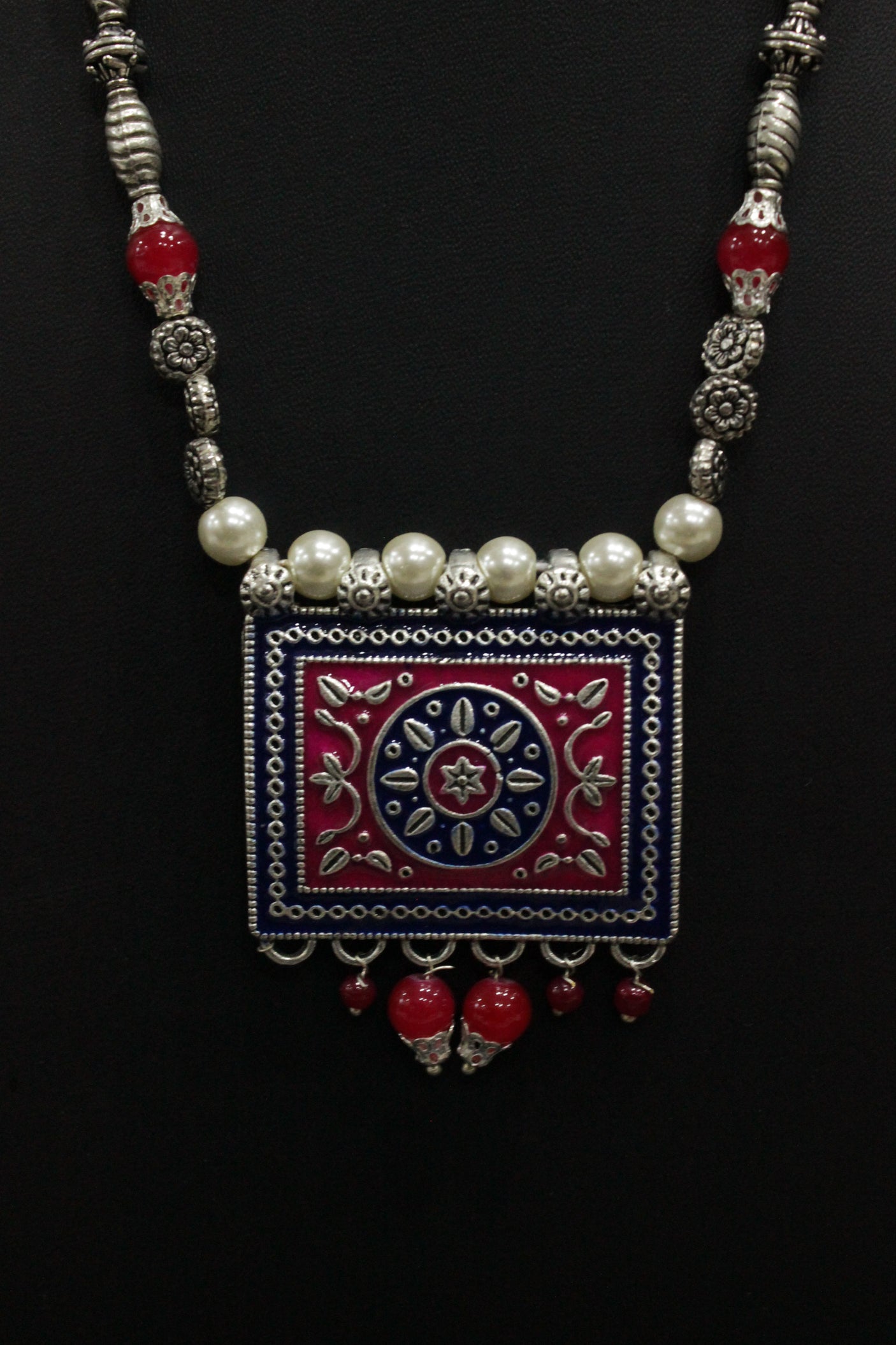Pink and Violet Meenakari Work Pendant Red Glass Beads Closure Necklace