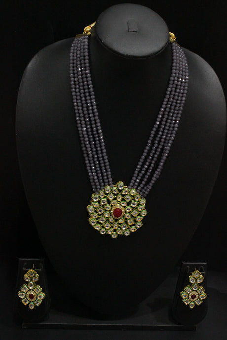 Grey Natural Glass Beads Stringed Kundan Long Necklace Set