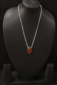 Brown Agate Oval Shiny Gemstone Embedded Silver Plated Necklace