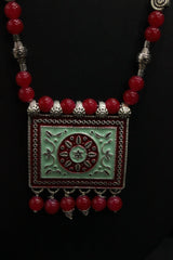 Turquoise and Red Meenakari Work Pendant Red Glass Beads Closure Necklace