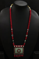 Turquoise and Red Meenakari Work Pendant Red Glass Beads Closure Necklace