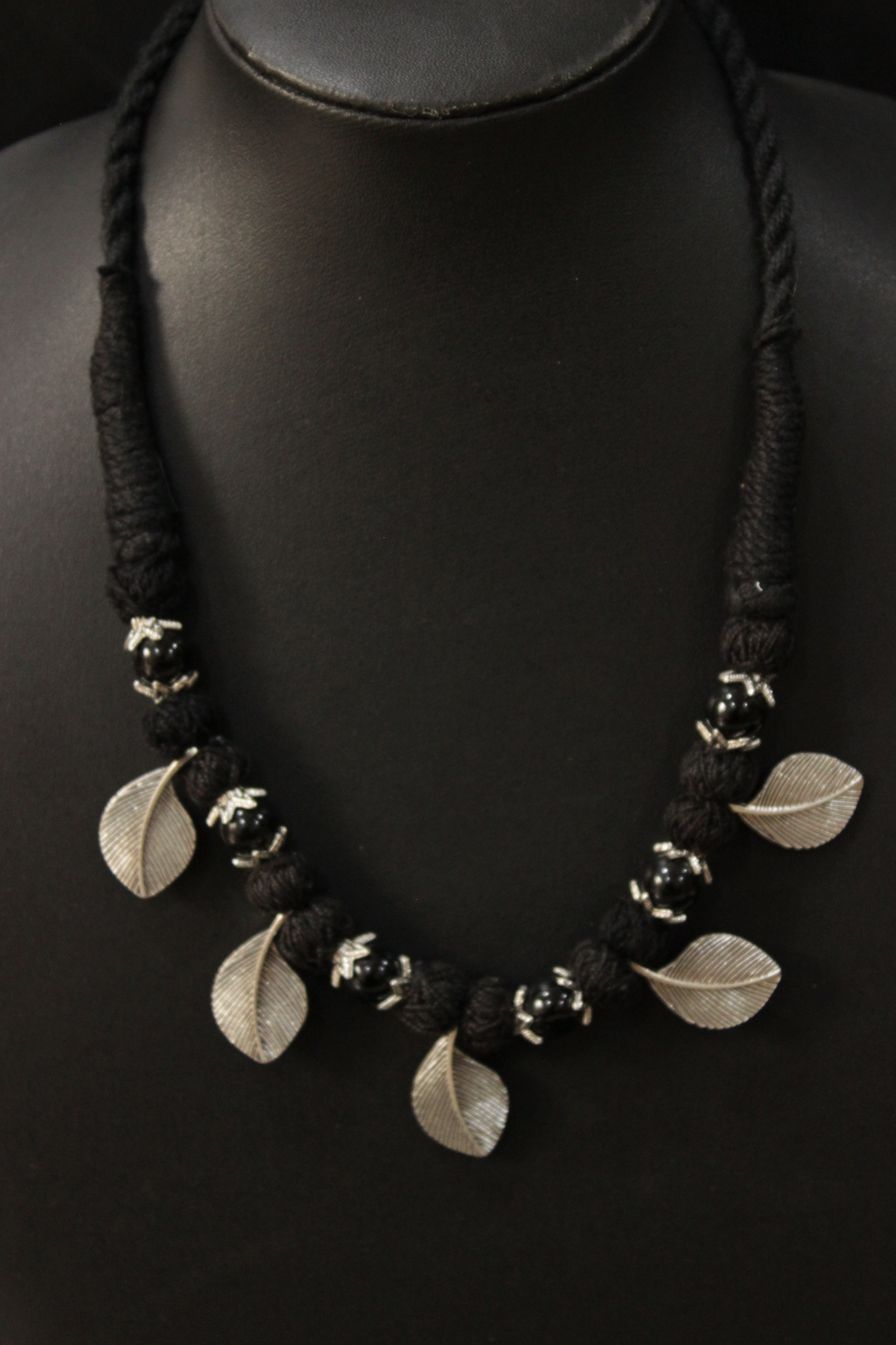 Delicate Leaf Charms Fabric Beads Black Thread Braided Necklace